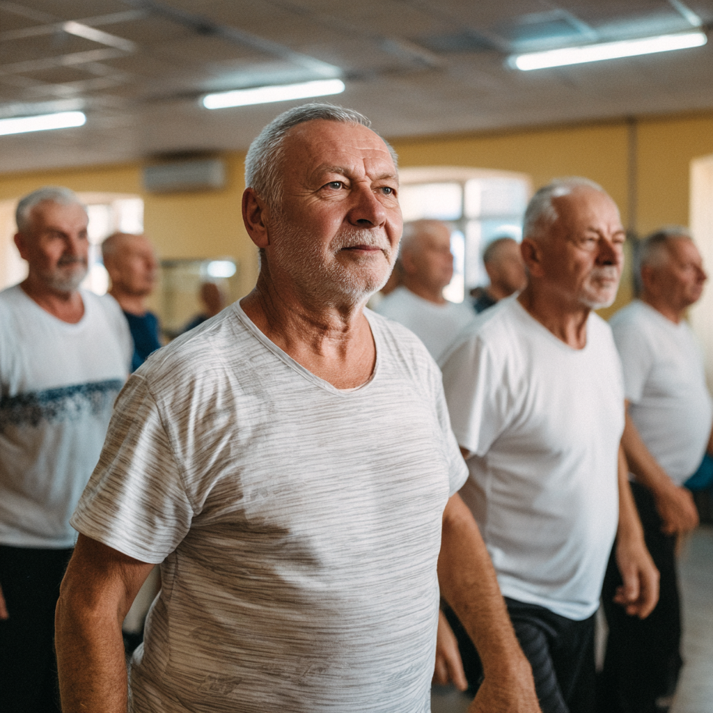 Group of middle-aged adults participating in community fitness activity