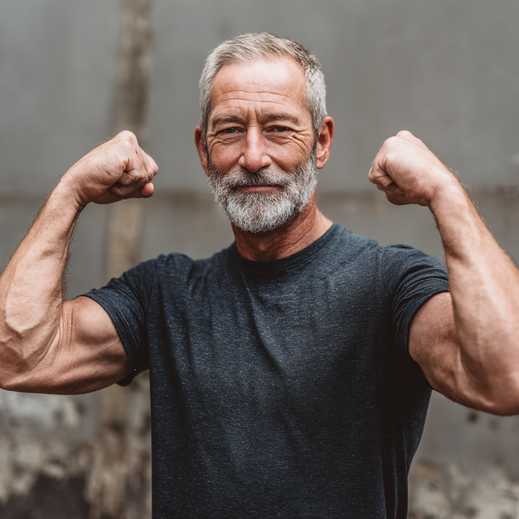 Older adult man showing strength and confidence after personal development training